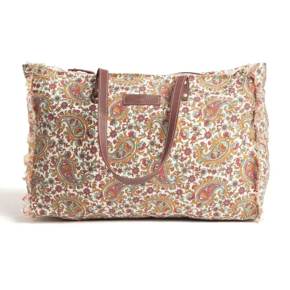 Myra Bag Handmade Paisley Pointe Weekender Bag Upcycled Canvas & Cowhide Leather